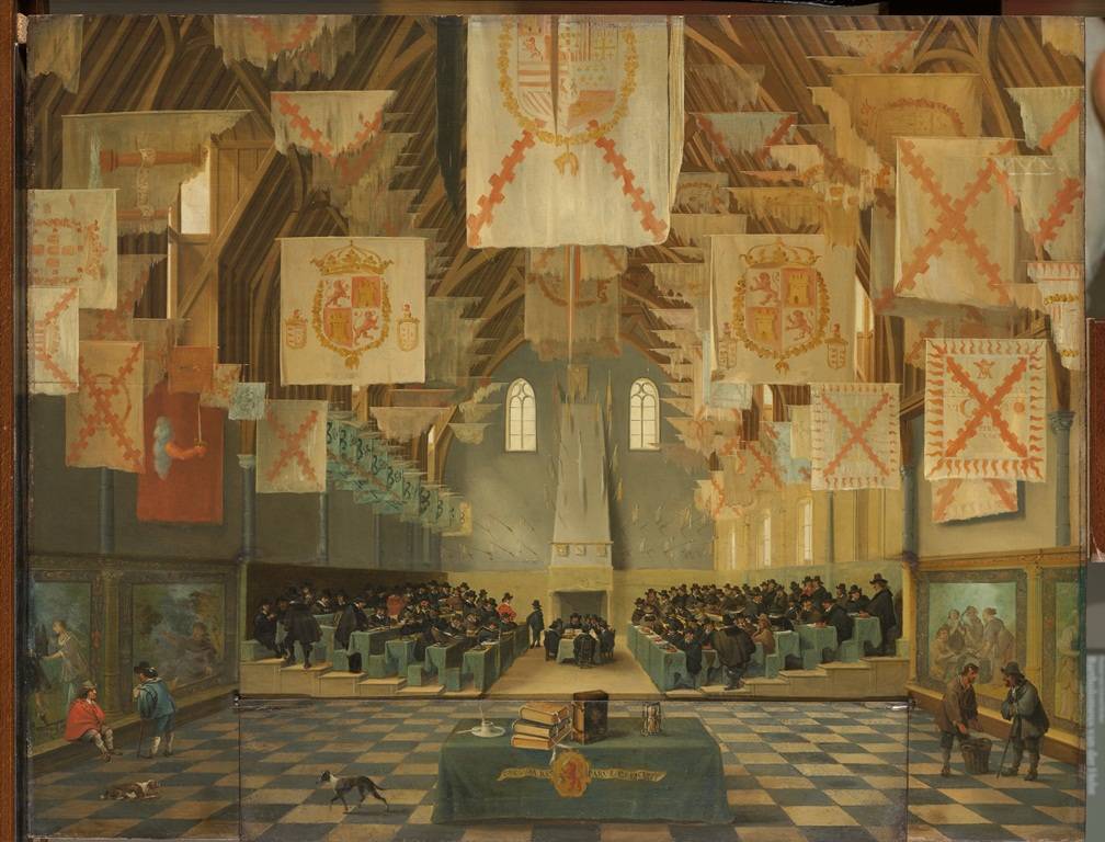 De Ridderzaal op het Binnenhof tijdens de Grote Vergadering van 1651. Schilderij door Bartholomeus van Bassen en Anthonie Palamedesz., ca. 1651. Collectie Rijksmuseum.