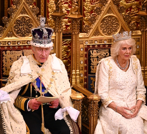 Koning Charles III en Koningin Camilla tijdens de opening van het parlement op 7 november 2023